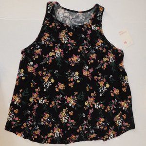 Womens Large Tank Top Black w/ Floral Flowers